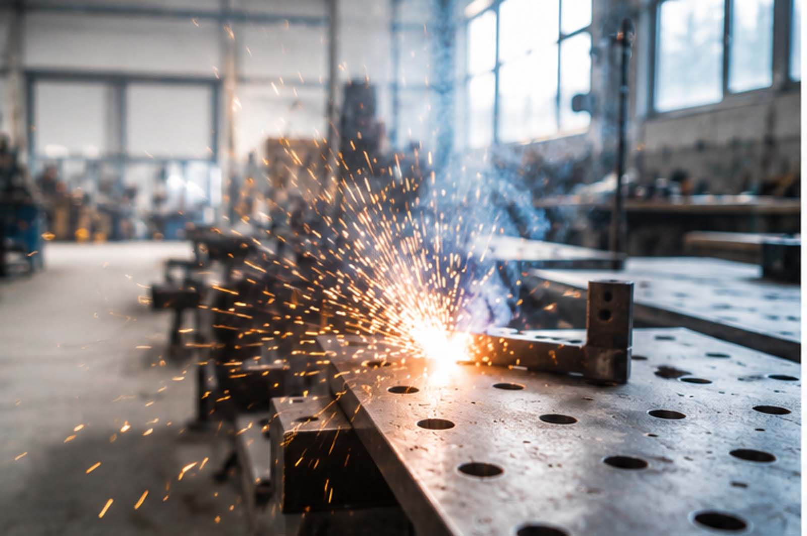 Atelier en activité — étincelles de soudure